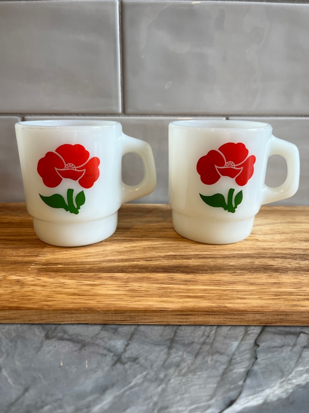 2 Vintage Anchor Hocking Fire King Red Poppy Flower Stackable Milk Glass Mugs